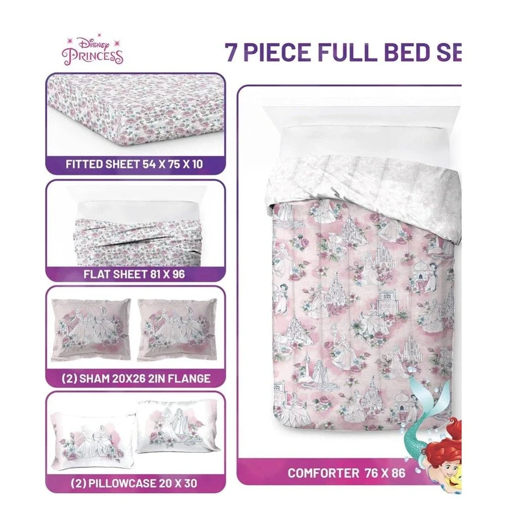 Kids' Pink Princess Comforter Set with Castle & Floral Motifs